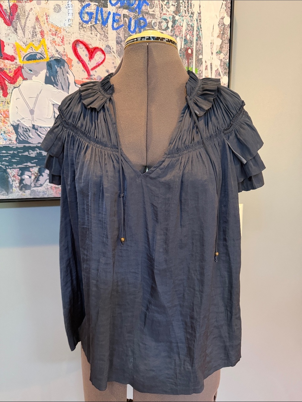 Elan Navy Ruffle Sleeve Peasant Blouse